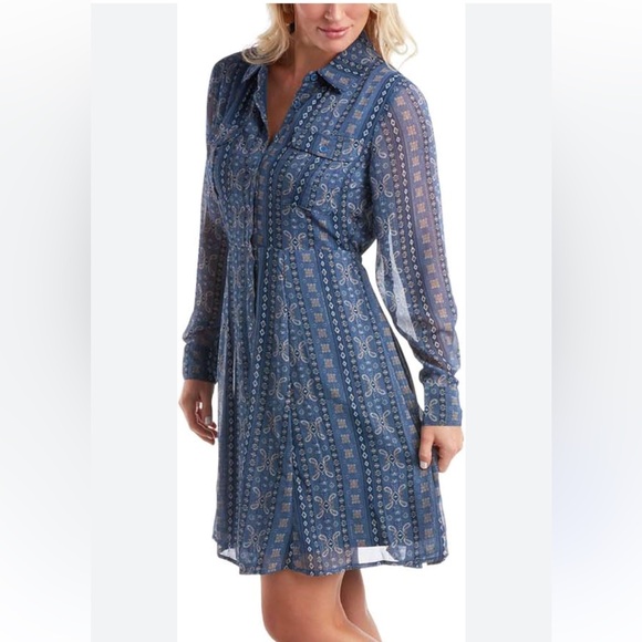 Lucky Brand Dresses & Skirts - Lucky Brand Women’s Front Button Shirt Dress Size XL Blue Sheer Long Sleeve Boho